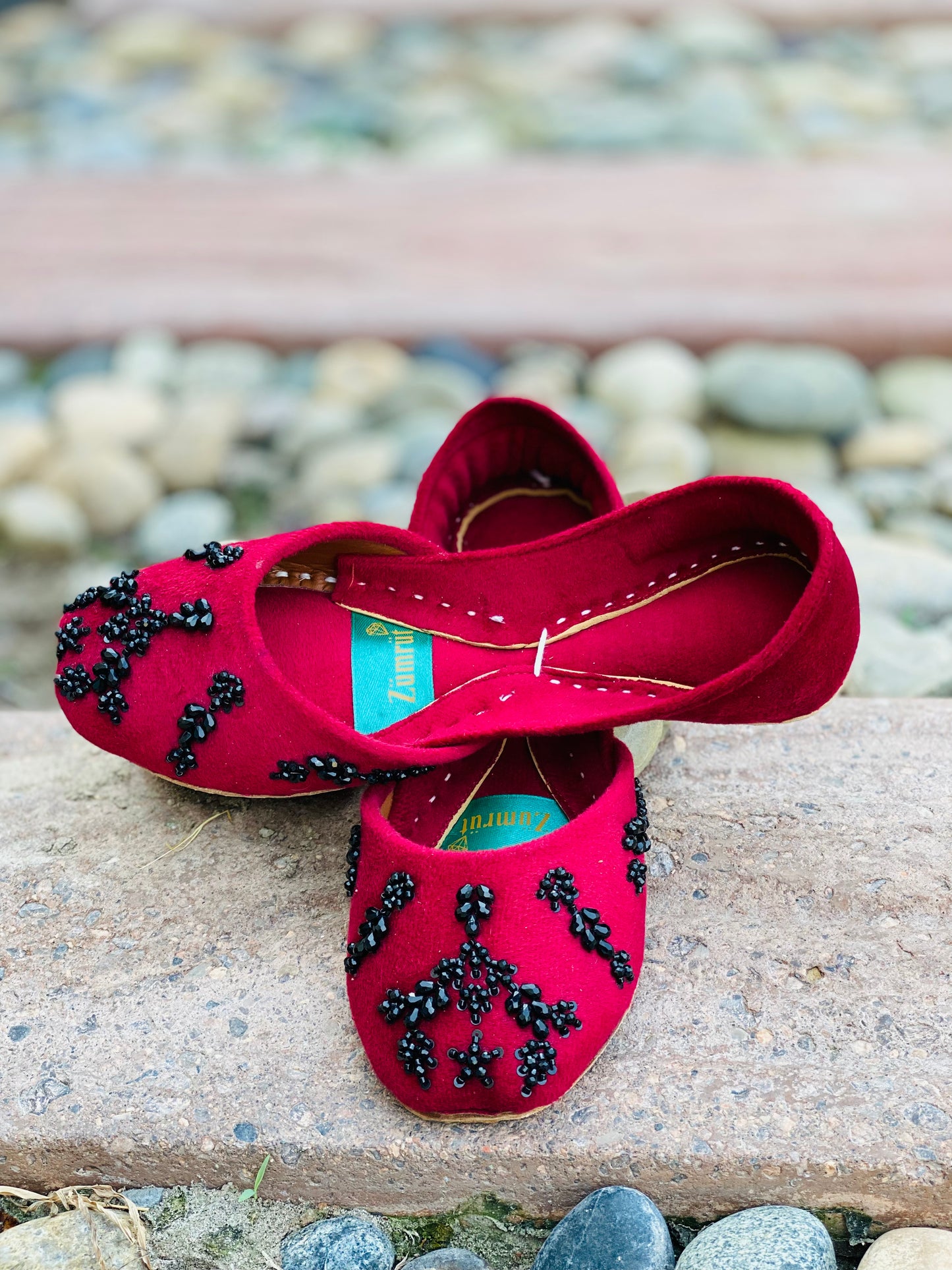 Aatish-e-Noor - Red Bold Stonework Khussa - Zumrut by Amir