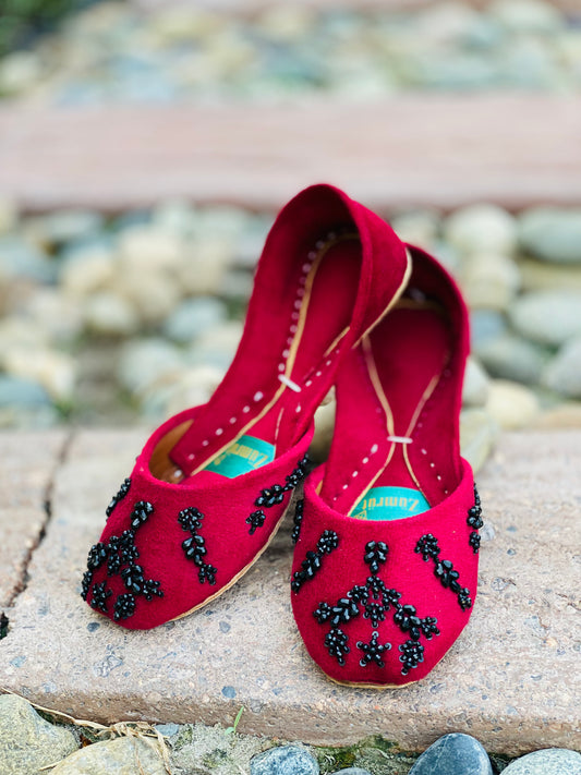 Aatish-e-Noor - Red Bold Stonework Khussa         - Zumrut by Amir 