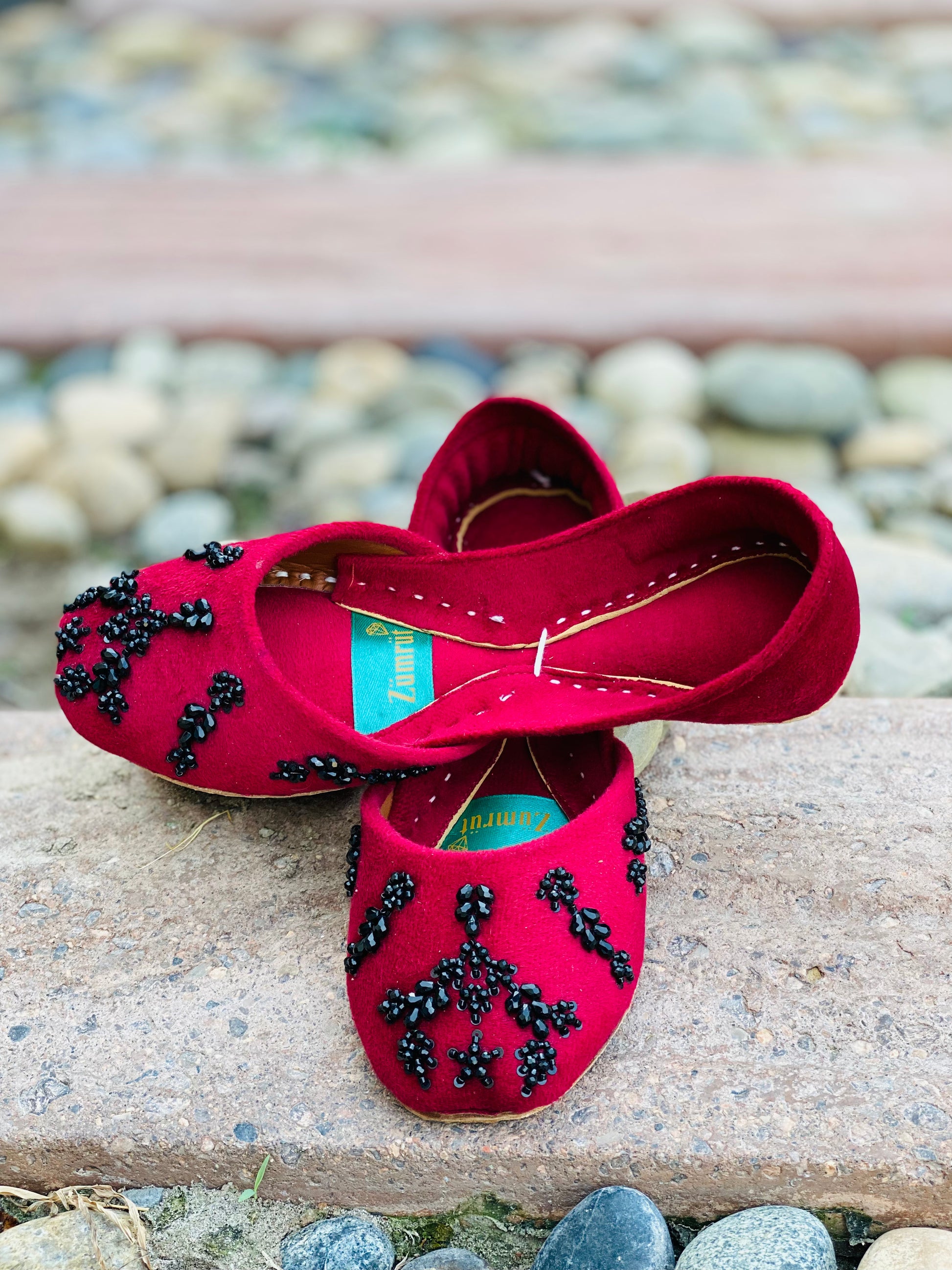 Aatish-e-Noor - Red Bold Stonework Khussa         - Zumrut by Amir 