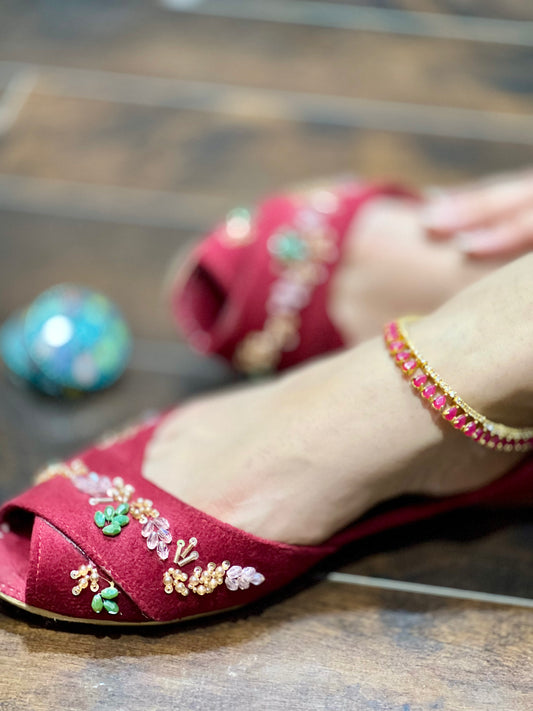 Gulnaar - Red Beadwork Bridal Khussa         - Zumrut by Amir 