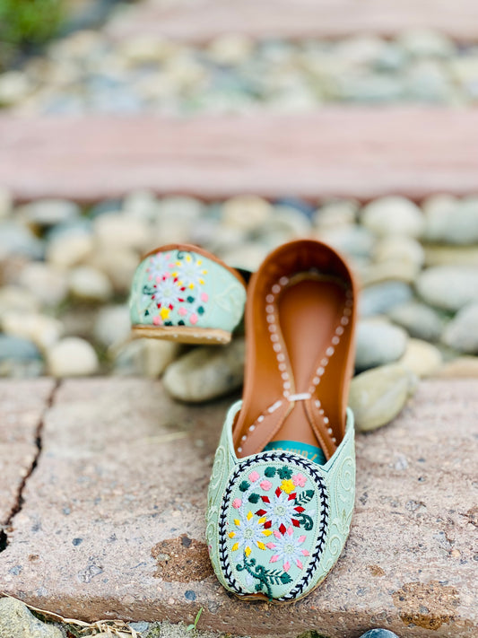 Olive Charm - Sea Green Fresh Embroidered Khussa - Zumrut by Amir 