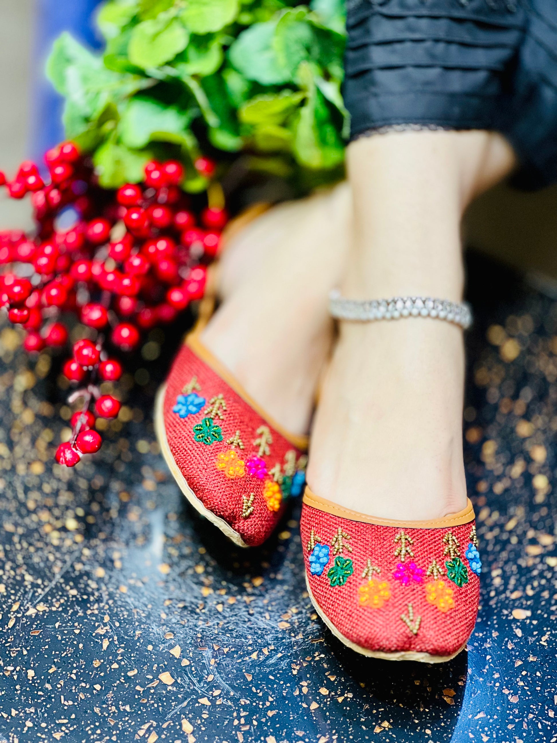 Rangrez - Red Colorful Beadwork Khussa-- ----- - Zumrut by Amir 